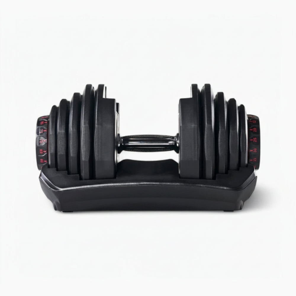 Front view of adjustable dumbbells with adjustable weight setting