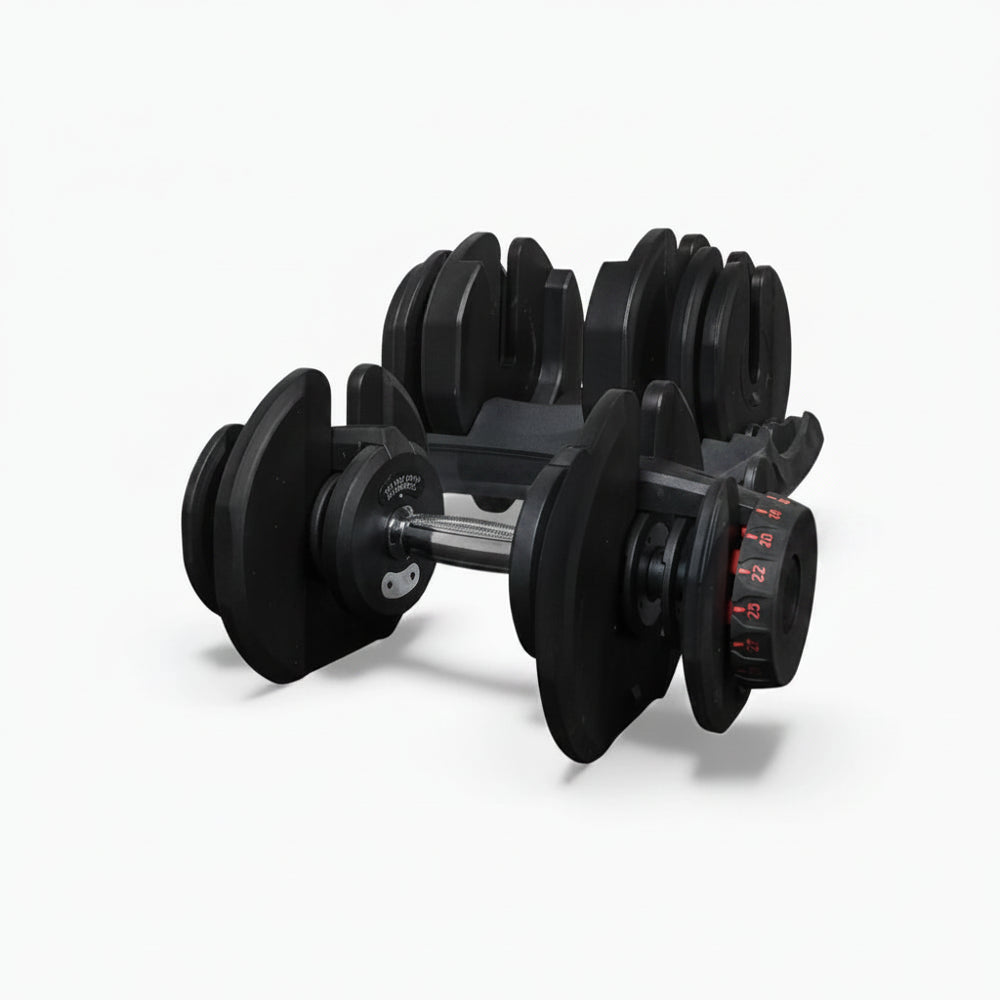Adjustable dumbbell with stand on a white background