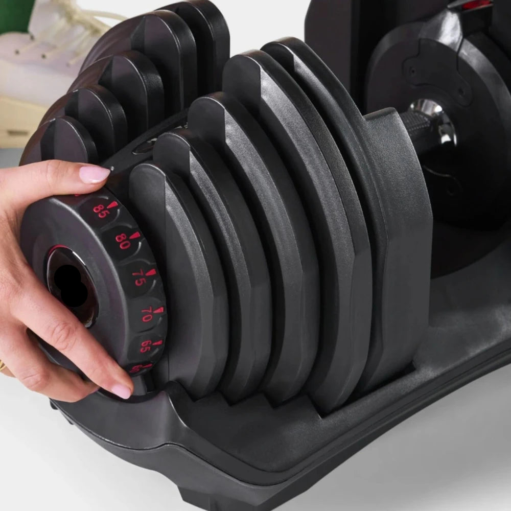 Close up of adjustable weight dial on dumbbell