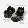 Pair of adjustable dumbbells with labeled features on a white background