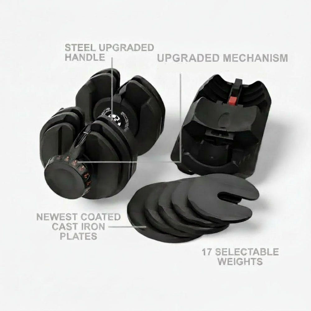 Pair of adjustable dumbbells with labeled features on a white background