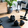 Home gym with weights bench and dumbbells