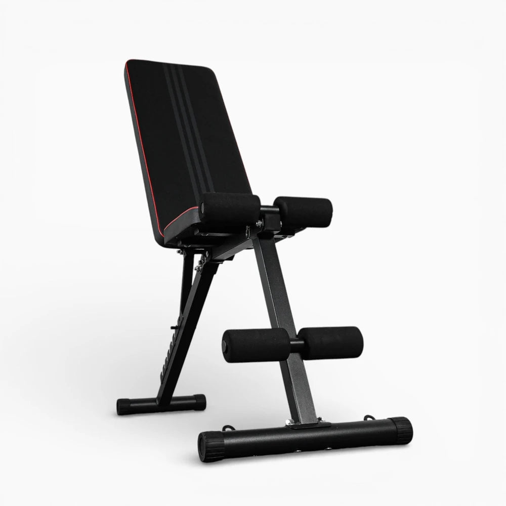 Gym workbench in upright position on a white background