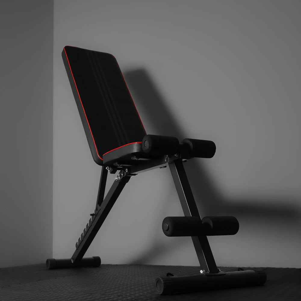 Black adjustable gym bench in home gym setting
