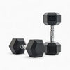 Pair of black hexagonal dumbbells on a white background
