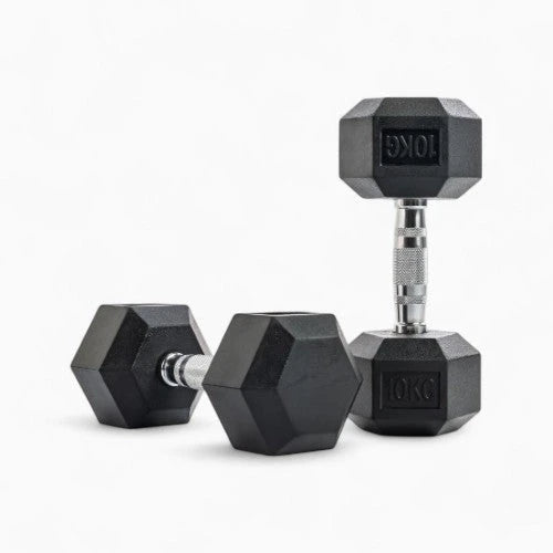 Pair of black hexagonal dumbbells on a white background - Cheap Dumbbells | Gym Superstore