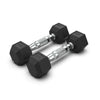 Pair of black hexagonal dumbbells on a white background