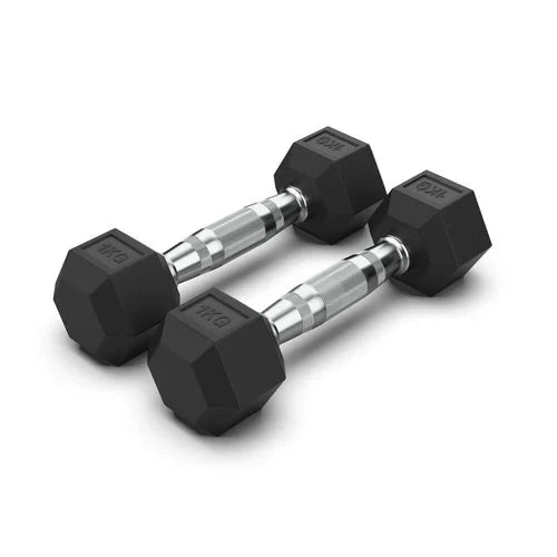 Pair of black hexagonal dumbbells on a white background