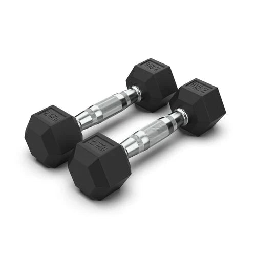 Pair of black 2.5kg hexagonal dumbbells on a white background