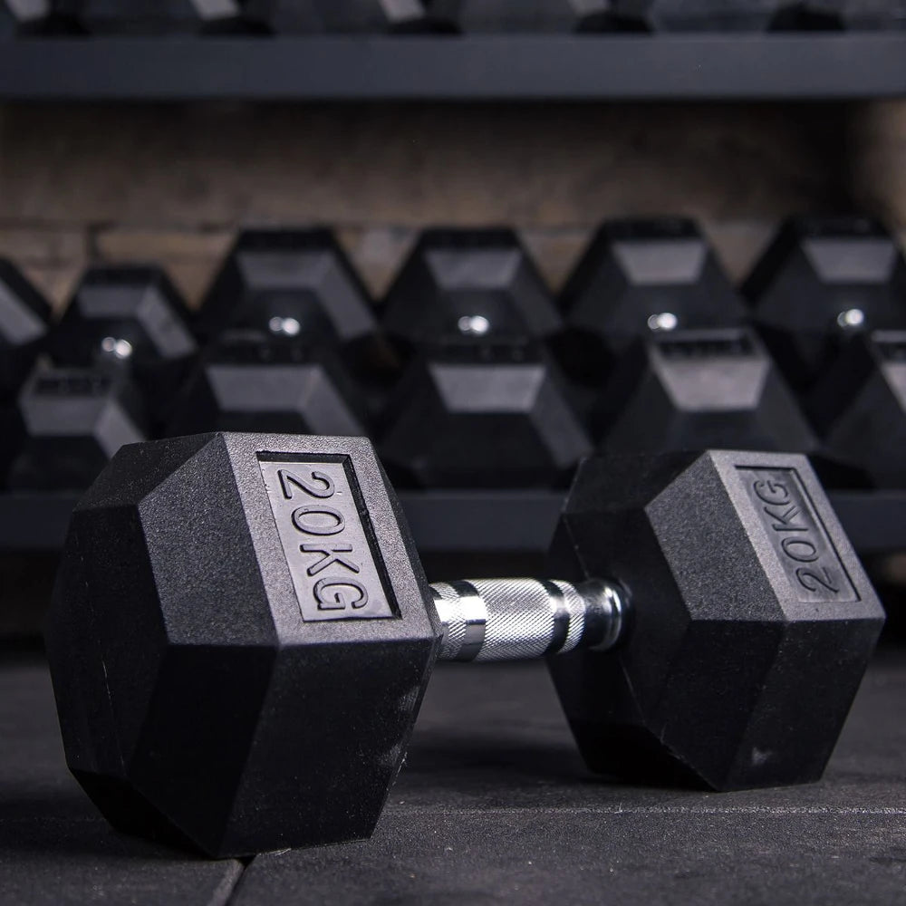 Racks of hex dumbbells with 20kg weight at the front