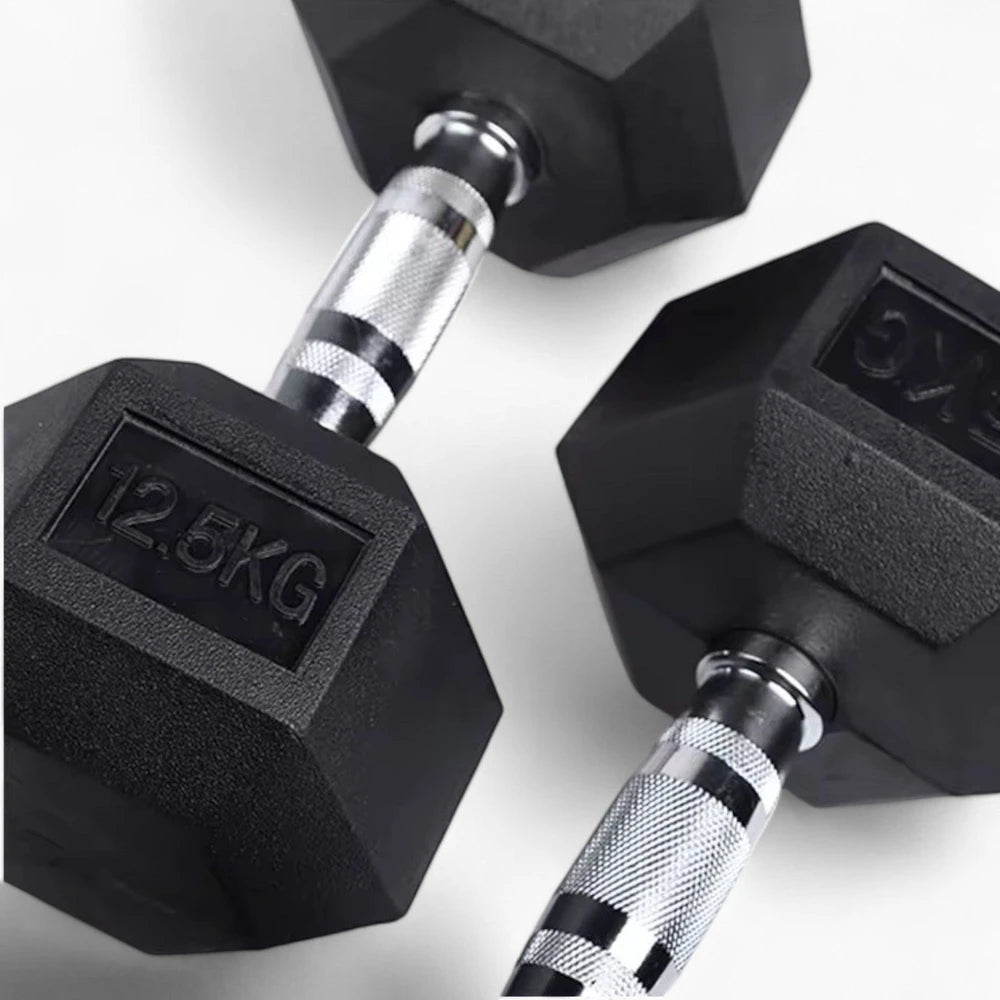 Pair of black hexagonal dumbbells with weight marking on a white background