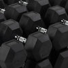 Stacks of hex dumbbells at different weights