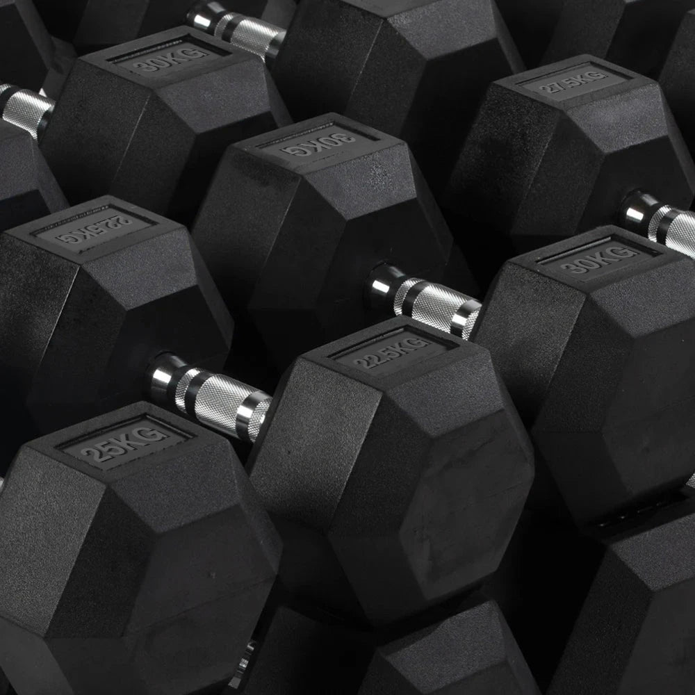 Stacks of hex dumbbells at different weights