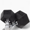 Close up of hex dumbbells on a white background