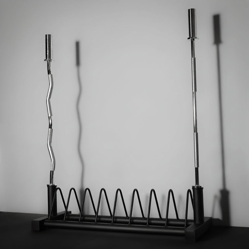 Gym plate and barbell storage rack on black floor