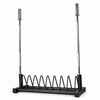 A black metal barbell and weight plate storage rack with two upright barbells