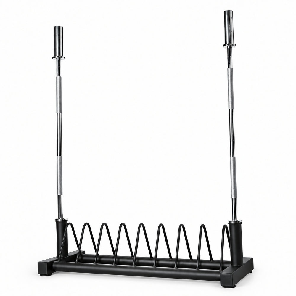 A black metal barbell and weight plate storage rack with two upright barbells