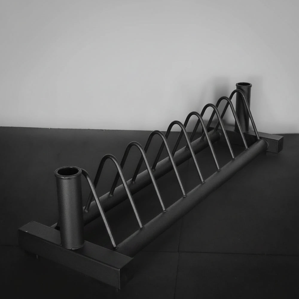 Black weight storage rack for weight plates and barbells