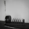 8 section weight plate storage and 2 barbells on a black gym floor