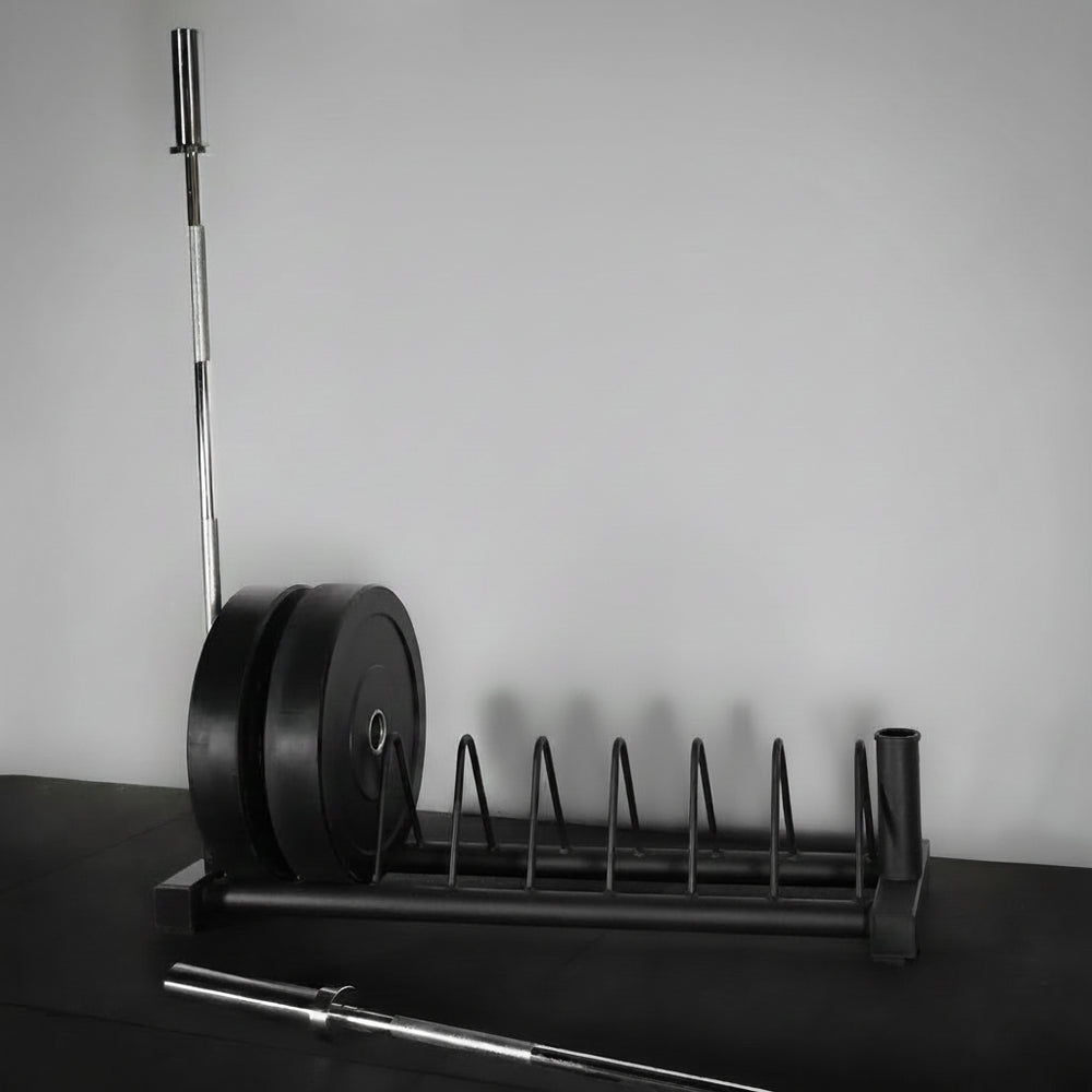8 section weight plate storage and 2 barbells on a black gym floor