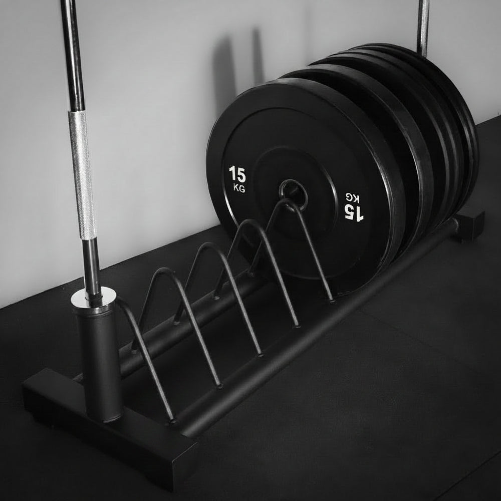 Storage rack for weight plates and barbells on a black floor and grey wall