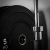 Close up of 5kg gym weight plate and barbell