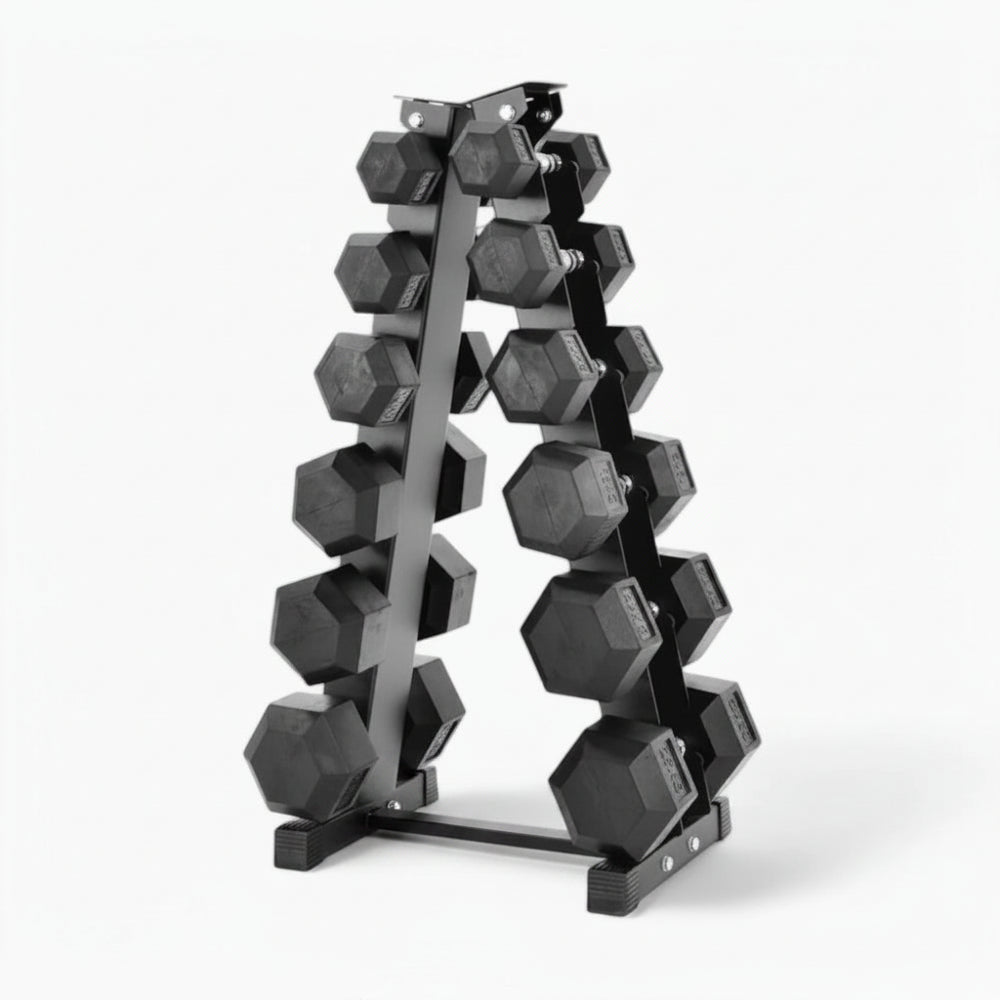 Set of hexagonal dumbbells on a metal rack against a white background