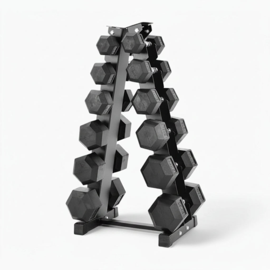 Set of hexagonal dumbbells on a metal rack against a white background Main image