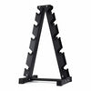 Black weight plate rack on a white background