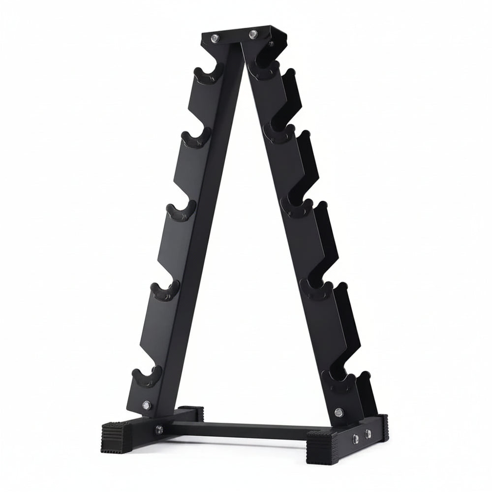 Black weight plate rack on a white background