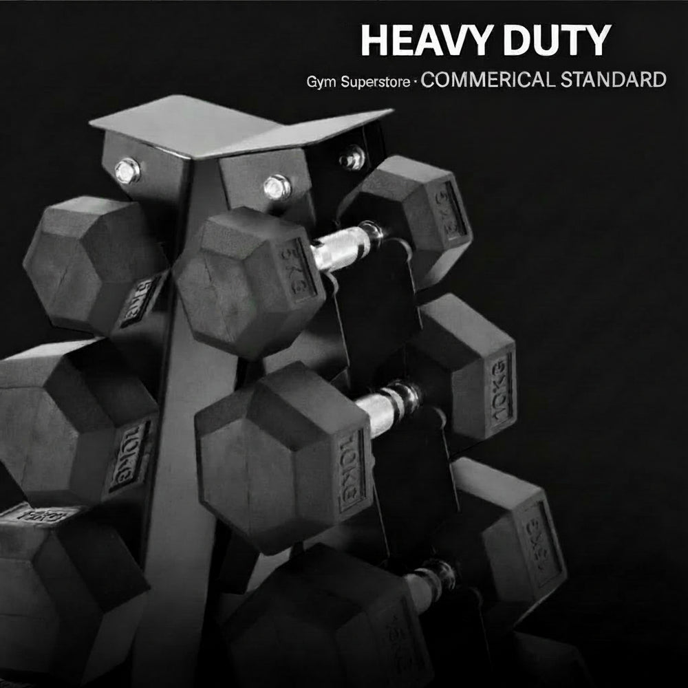 Heavy-duty dumbbell set on a black background with 'Heavy Duty' branding.