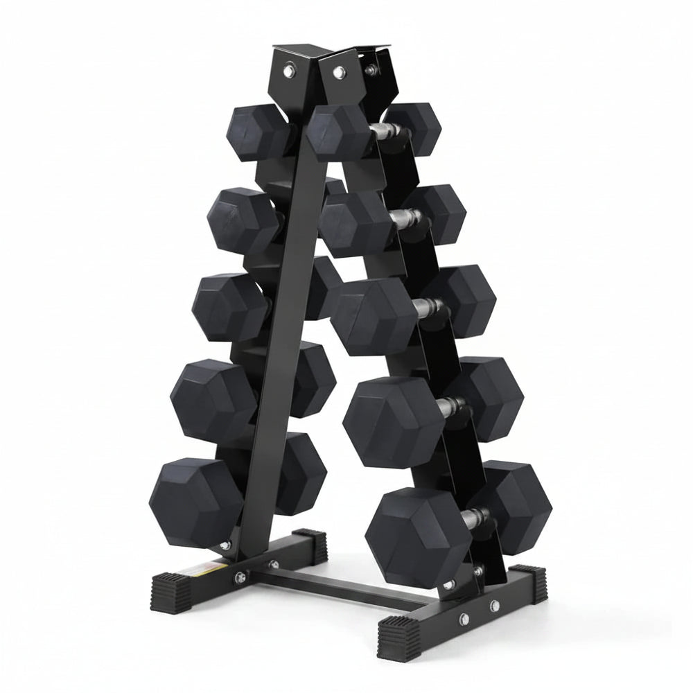 Set of black hexagonal dumbbells on a metal stand against a white background