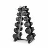 Hexagonal dumbbells on a metal rack on a white background