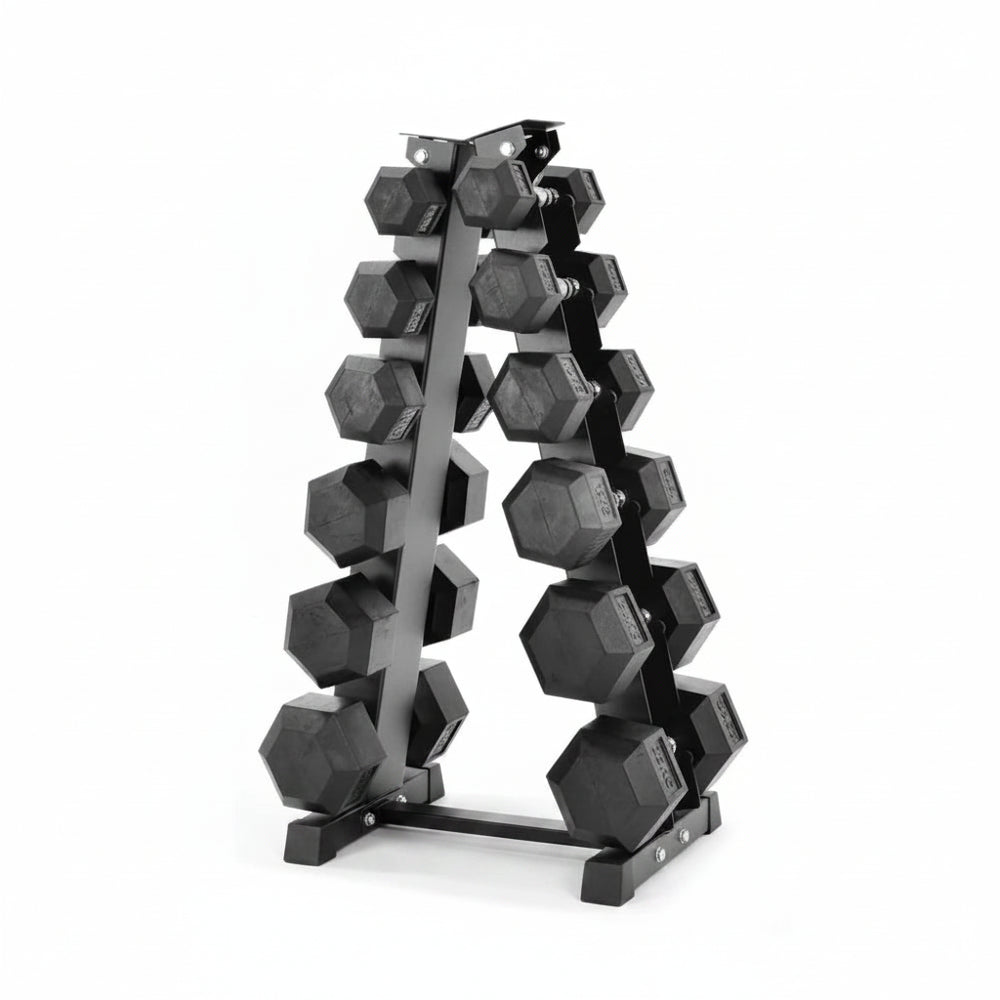 Hexagonal dumbbells on a metal rack on a white background