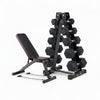 Weight bench with adjustable backrest and a set of dumbbells on a white background
