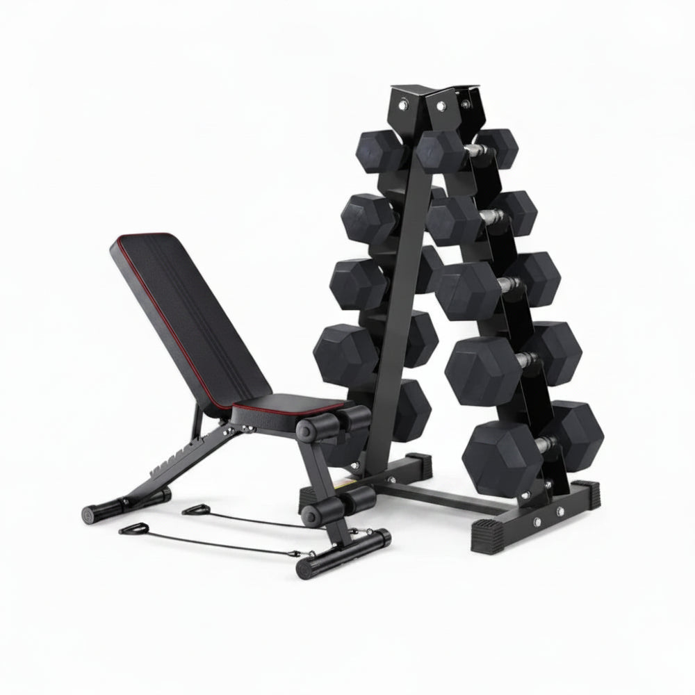 Weight bench with adjustable backrest and a set of dumbbells on a white background