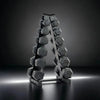Set of hexagonal dumbbells on a metal stand against a dark background