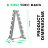 6-tier tree rack with dimensions on a white background
