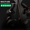 Pair of black dumbbells with weight markers on a dark background, featuring text about multi-use and top rating.