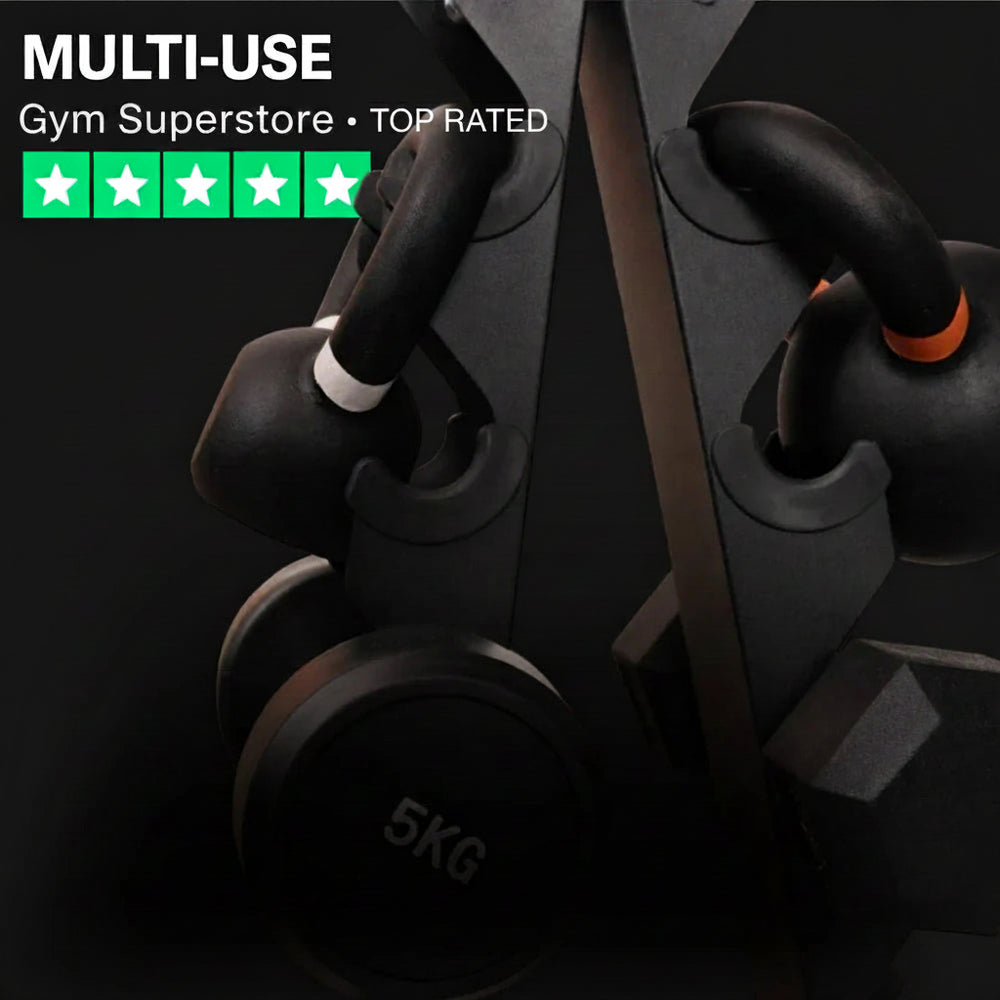 Pair of black dumbbells with weight markers on a dark background, featuring text about multi-use and top rating.