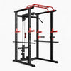 Black and red gym power rack on a white background