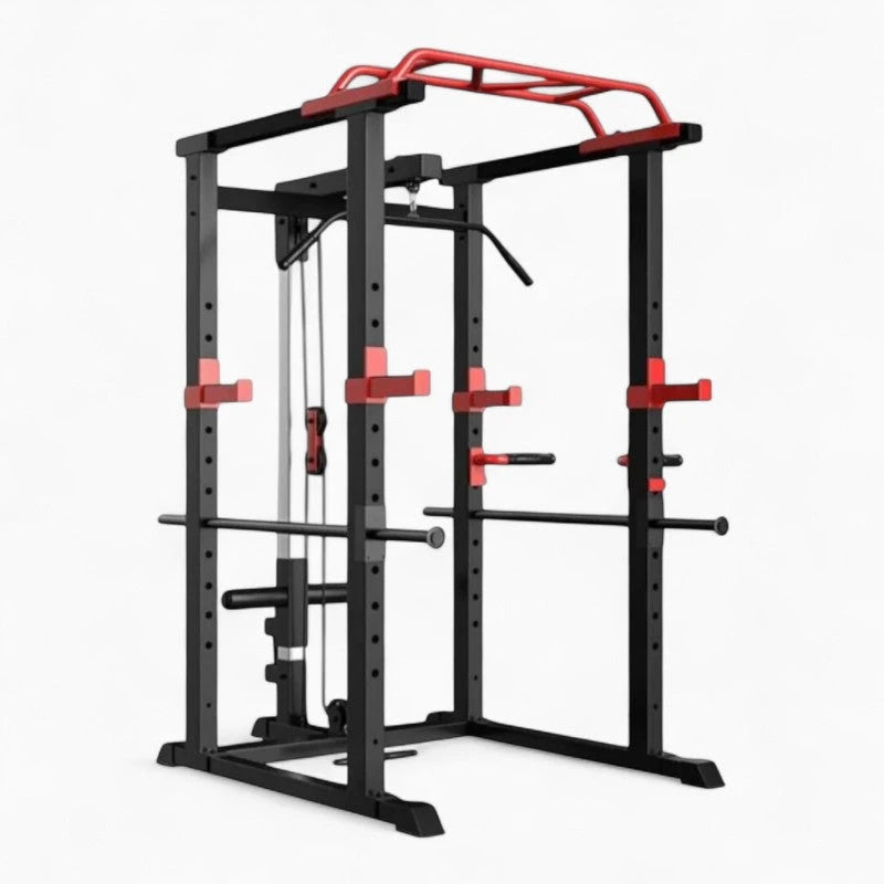 Black and red gym power rack on a white background