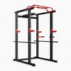 Black power rack with red accents on a white background