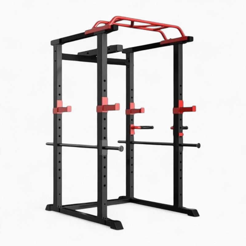 Black power rack with red accents on a white background
