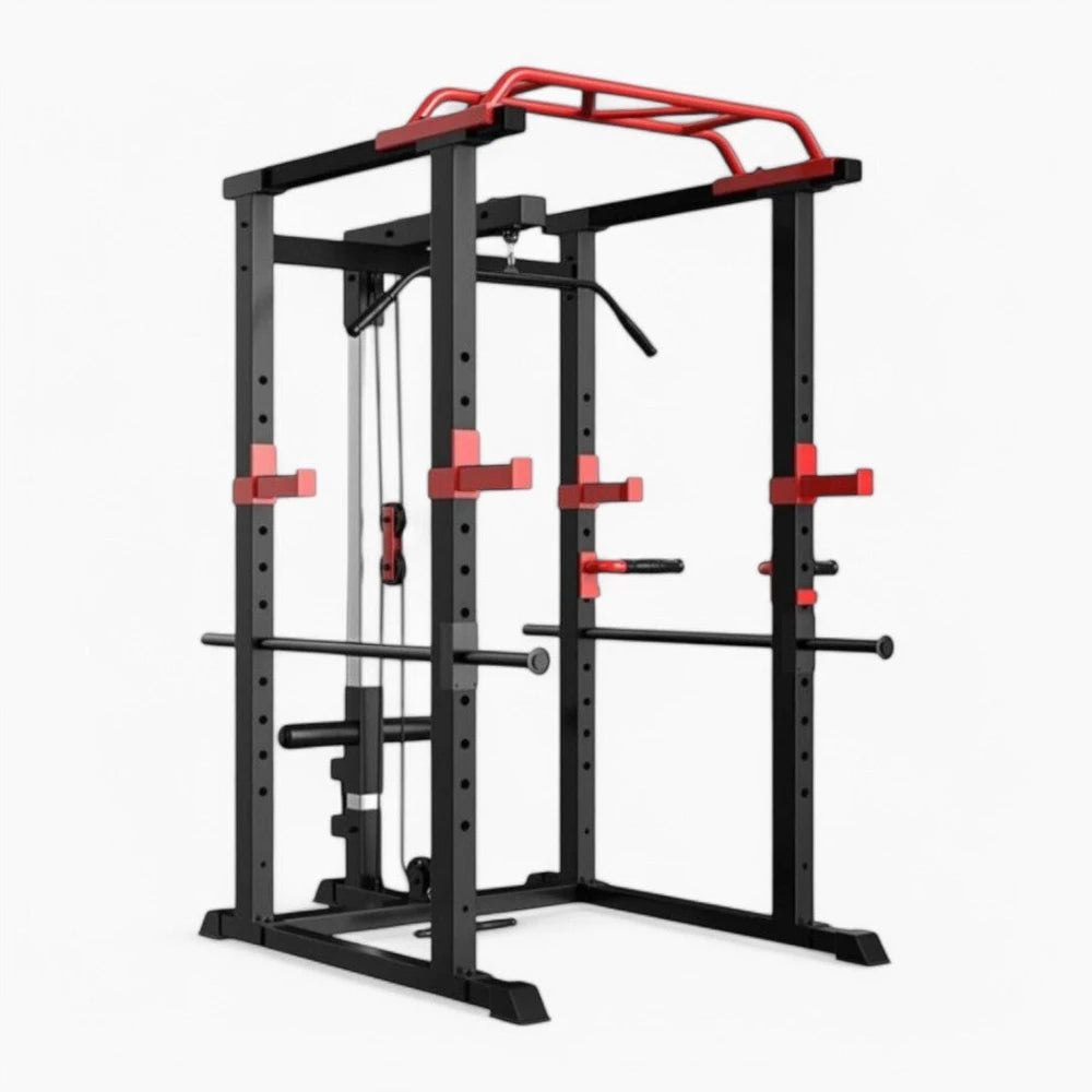 Black and red weightlifting cage on a white background