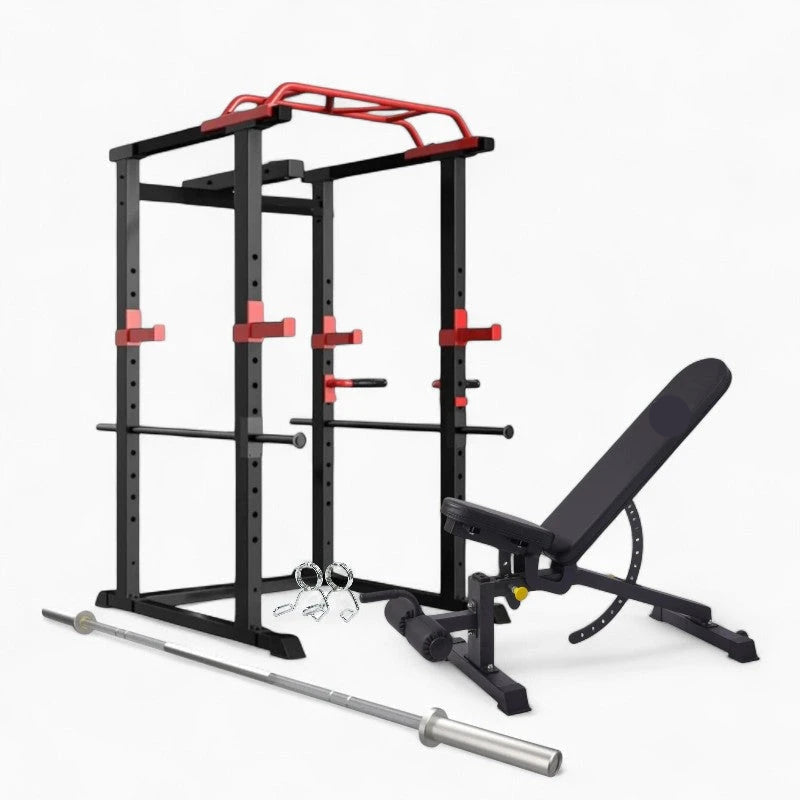 Gym equipment set including a power rack, bench, and barbell on a white background