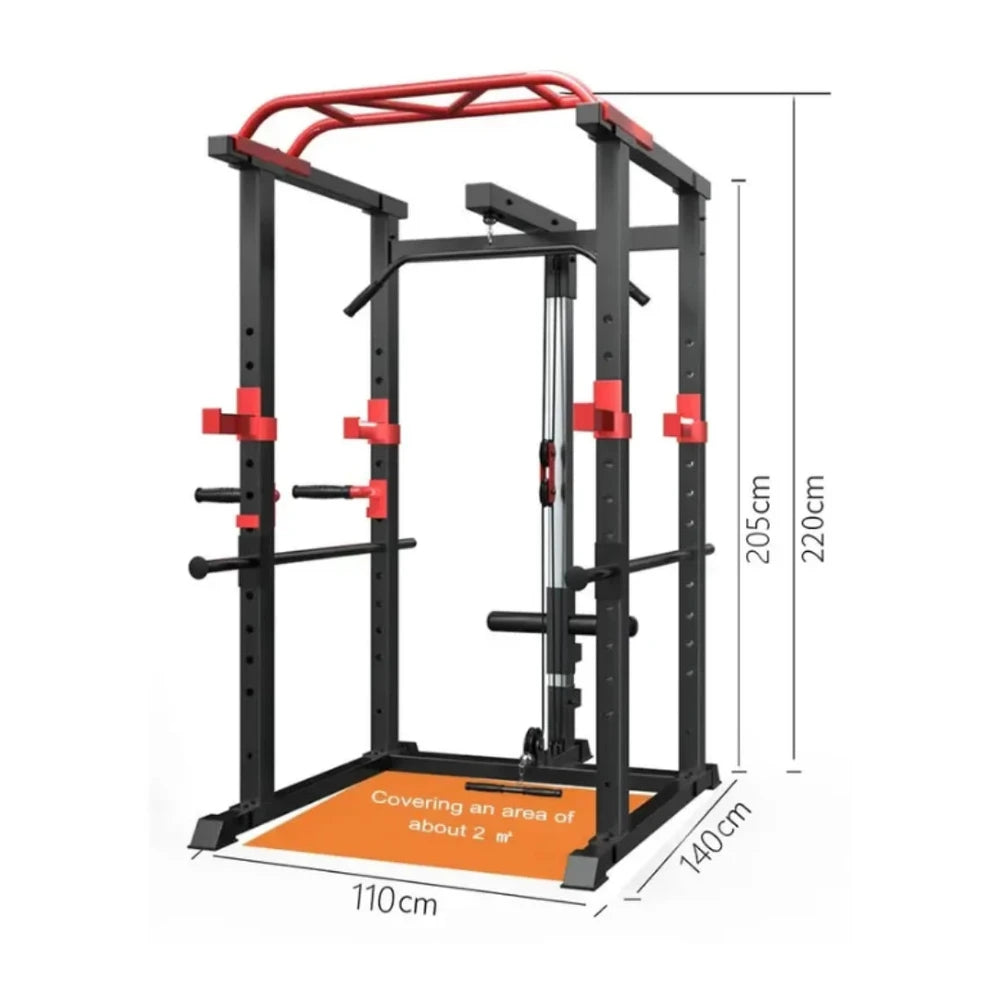 Black and red power rack with dimensions on a white background