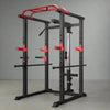 Black and red weightlifting rack on a gray background