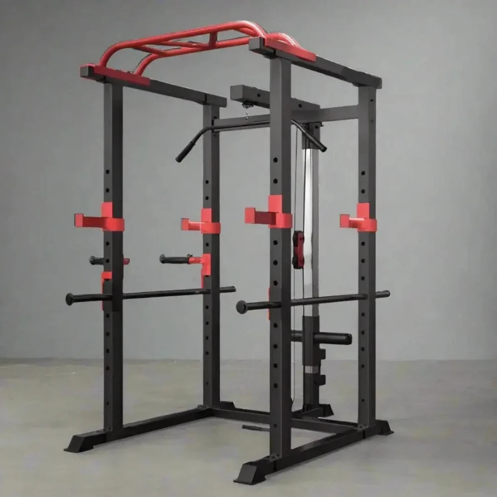 Black and red weightlifting rack on a gray background