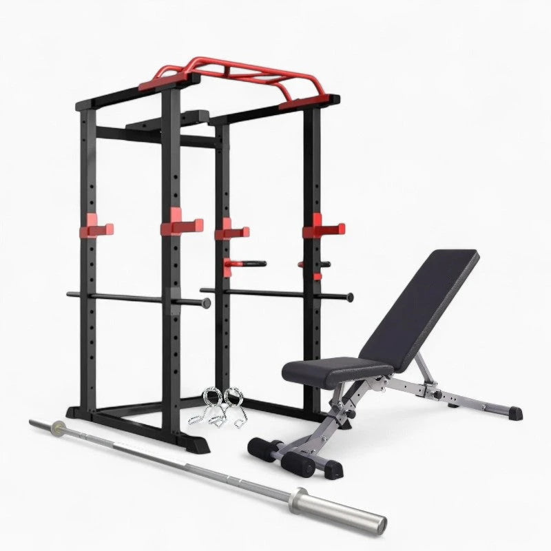 Gym equipment set including a power rack, bench, and barbell on a white background